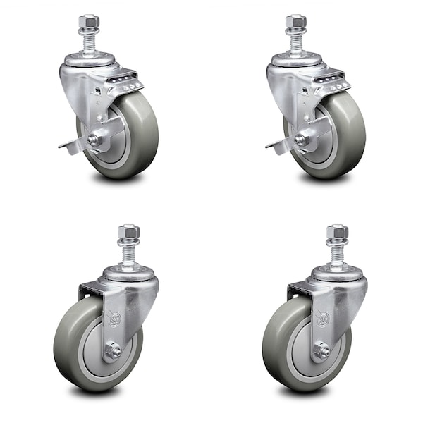 Service Caster 4 Inch Gray Polyurethane Wheel Swivel 1/2 Inch Threaded Stem Caster Brakes, 2PK SCC-TS20S414-PPUB-TLB-121315-2-S-2 - main